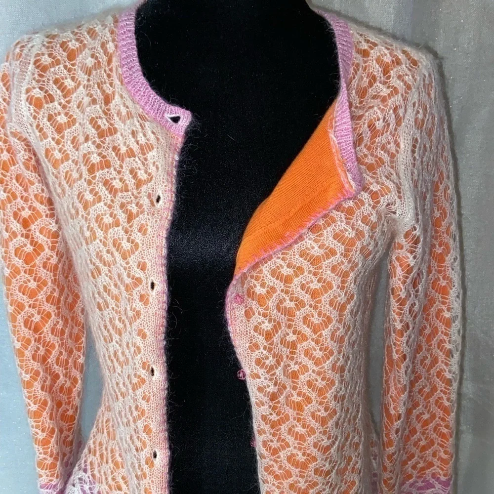 Sigrid Olsen Pink Trim Crocheted Overlay Cardigan - Picture 2 of 8
